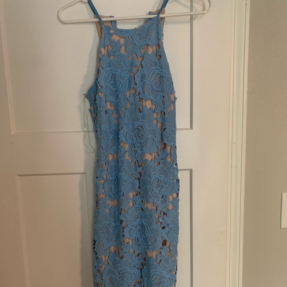 Blue lace high neck dress